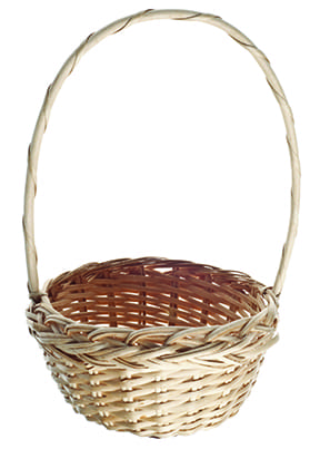 An empty basket with a tall, hooped handle