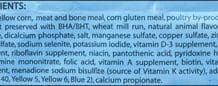 A food label showing artificial preservatives in dog food.