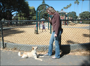 a dog trainer and a dog outside a playground