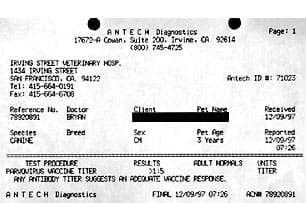 parvovirus vaccine titer test