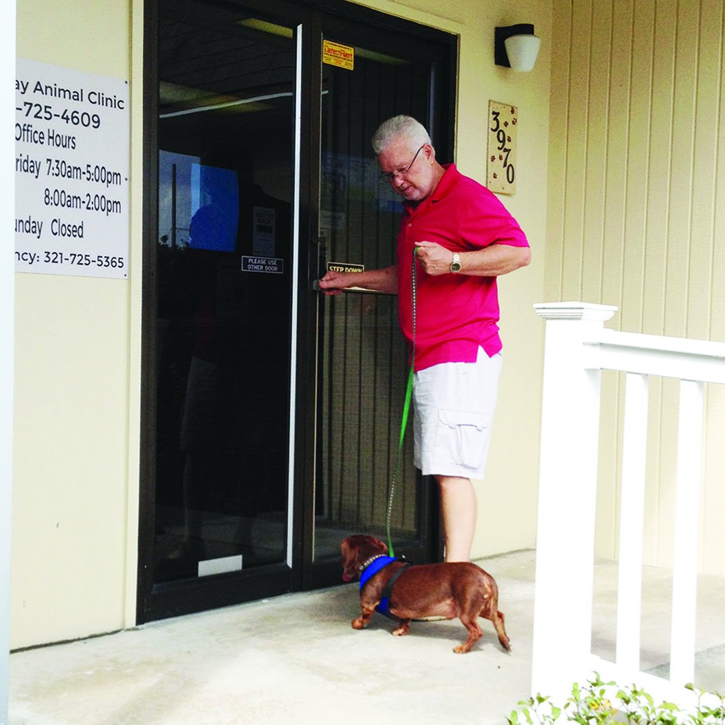 man and dog entering vet clinic