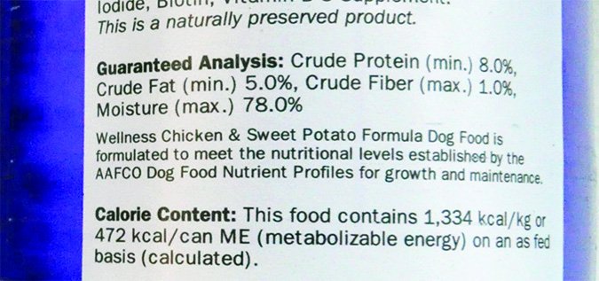Wellness Chicken and Sweet Potato dog food label