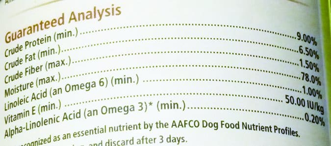 dog food guaranteed analysis label