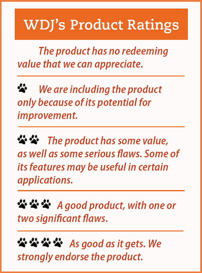 The Whole Dog Journal Product rating scale for automatic ball launchers and other devices.