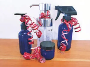 Homemade dog shampoo in reusable glass bottles