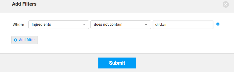 dog food database filtered to not include chicken