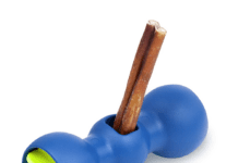 The bow wow buddy is a toy that helps prevent swallowing the end of bully sticks.