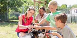 Family taking home a dog from the animal shelter giving new home