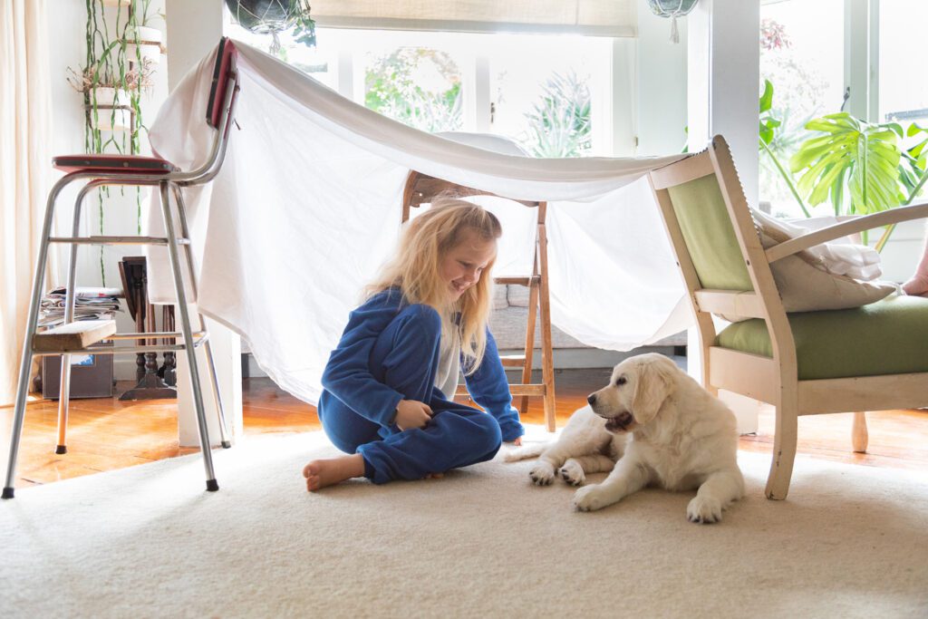 playing fort with dog and child