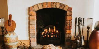 Sandy coloured cockapoo lies in front of an open fire with his ball