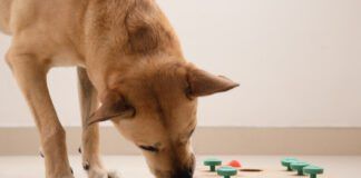 Smart dog is looking for delicious dried treats in intellectual game and eating them, close up. Intellectual game for dogs. and training of nose work with pet. brain game training for dogs