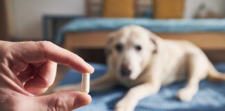 Man giving medicine to his old dog