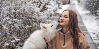 Young woman in winter park with white puppy. Woman with white Swiss shepherd