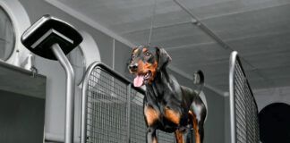 German pinscher running on special animal treadmill in dog fitness club