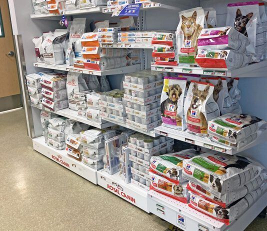 Low protein dog food is one of many prescription foods for pets pictured here in a display.