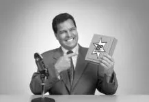 An old fashioned TV pitch man tries to sell a box of something.