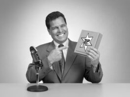 An old fashioned TV pitch man tries to sell a box of something.